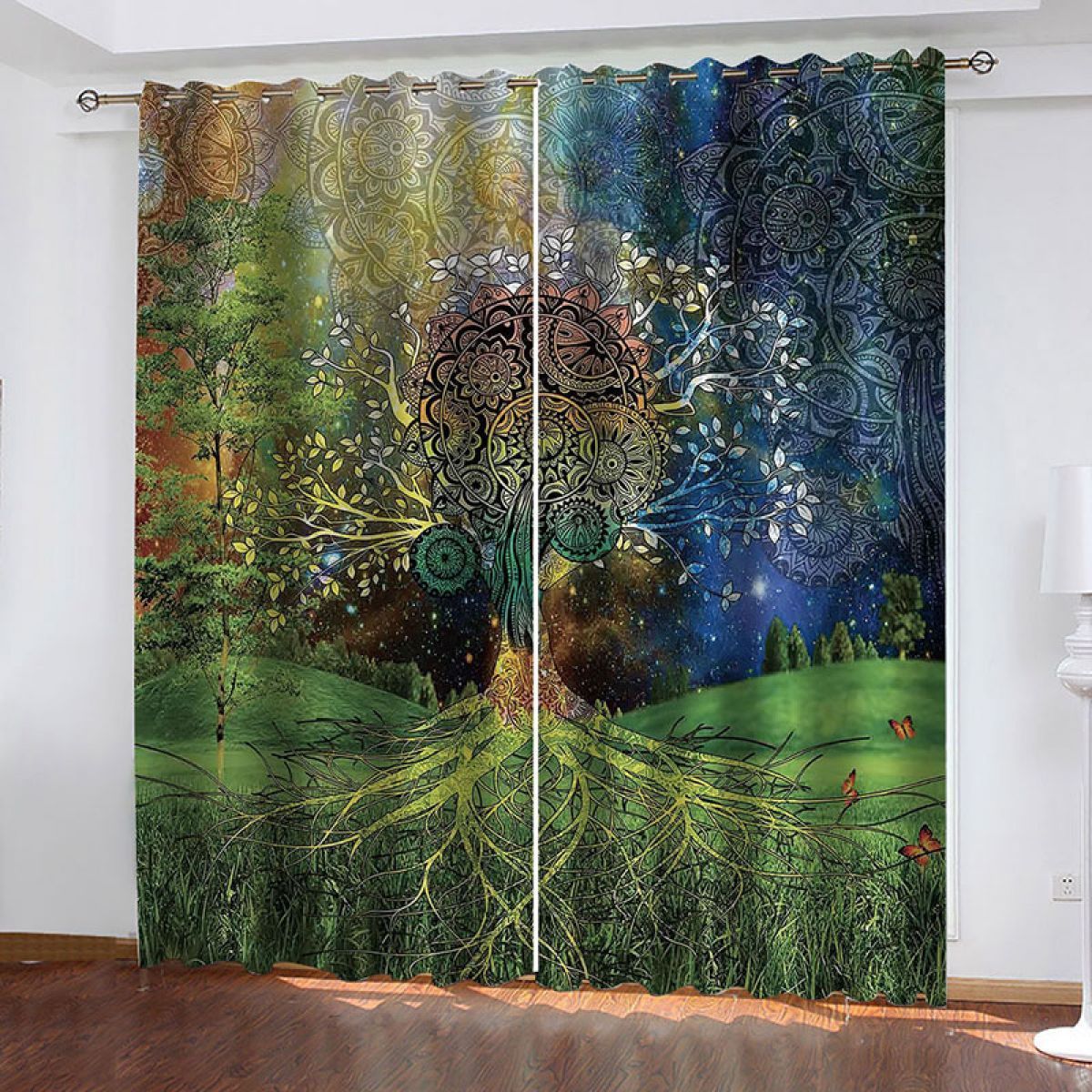 Green Tree Mandala Pattern Printed Window Curtain Home Decor