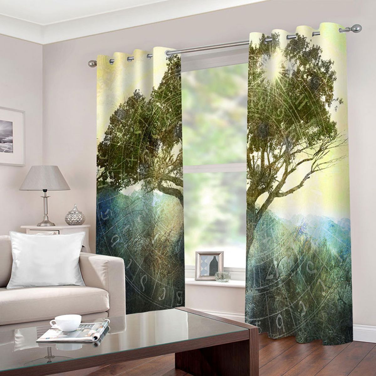 Green Tree Sunlight Printed Window Curtain Home Decor