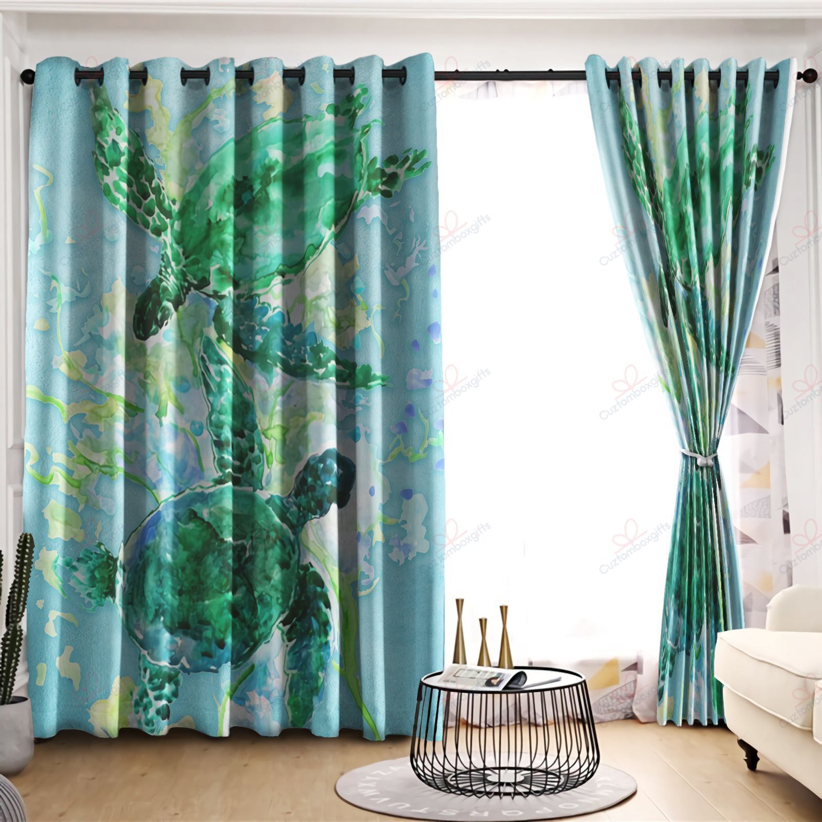 Green Turtle Couple Painting Printed Window Curtain Home Decor