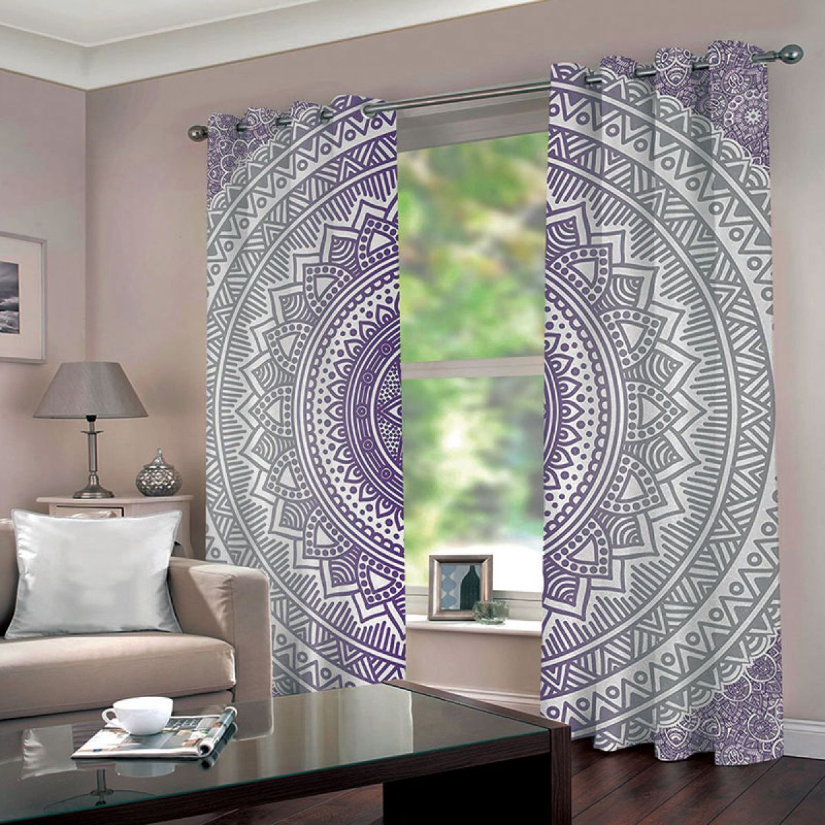 Grey And White Circular Pattern Printed Window Curtain Home Decor