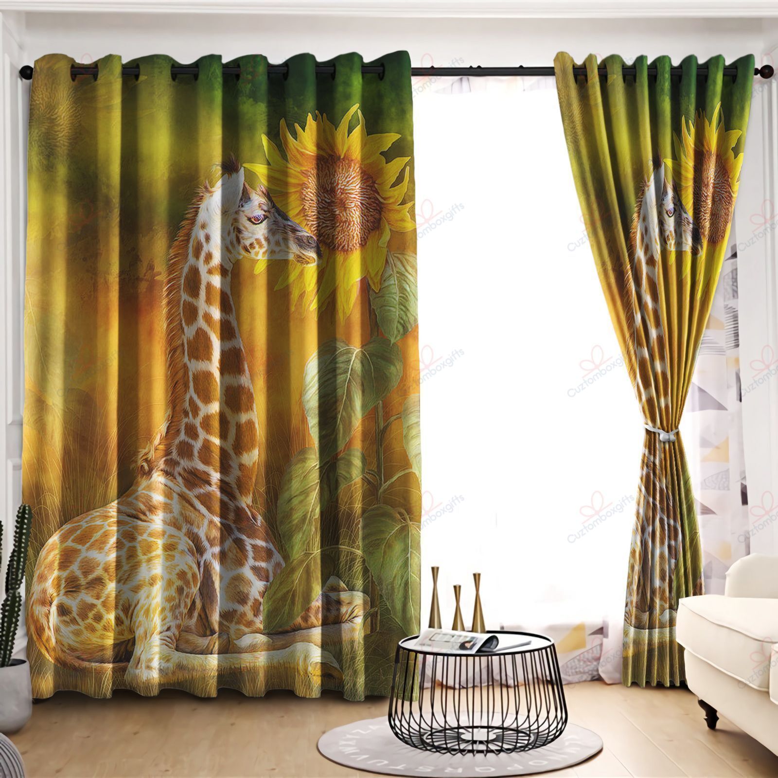 Growing Tall Giraffe And Sunflower Printed Window Curtain