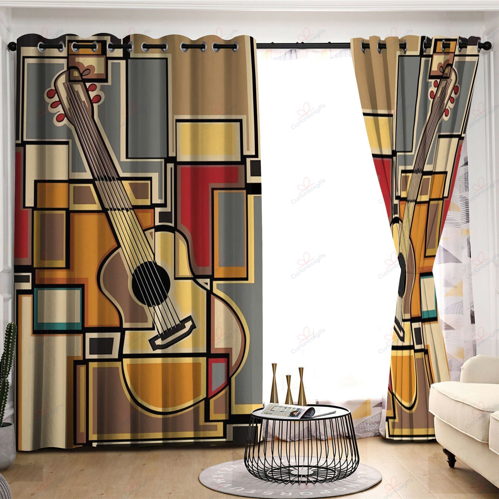 Guitar Vintage Art Printed Window Curtain Home Decor