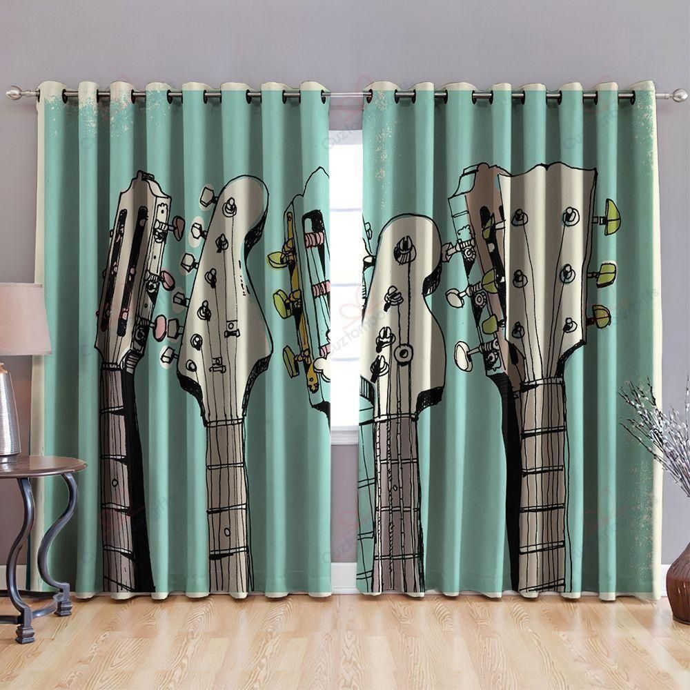 Guitar White And Blue Printed Window Curtain Home Decor