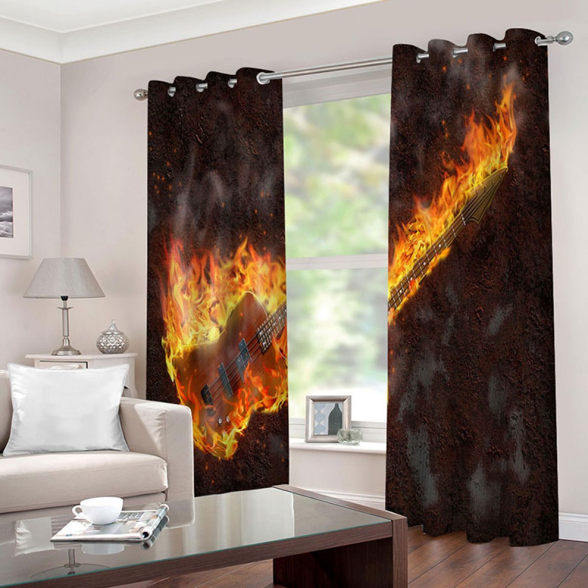 Guitar With Flame Printed Window Curtain Home Decor