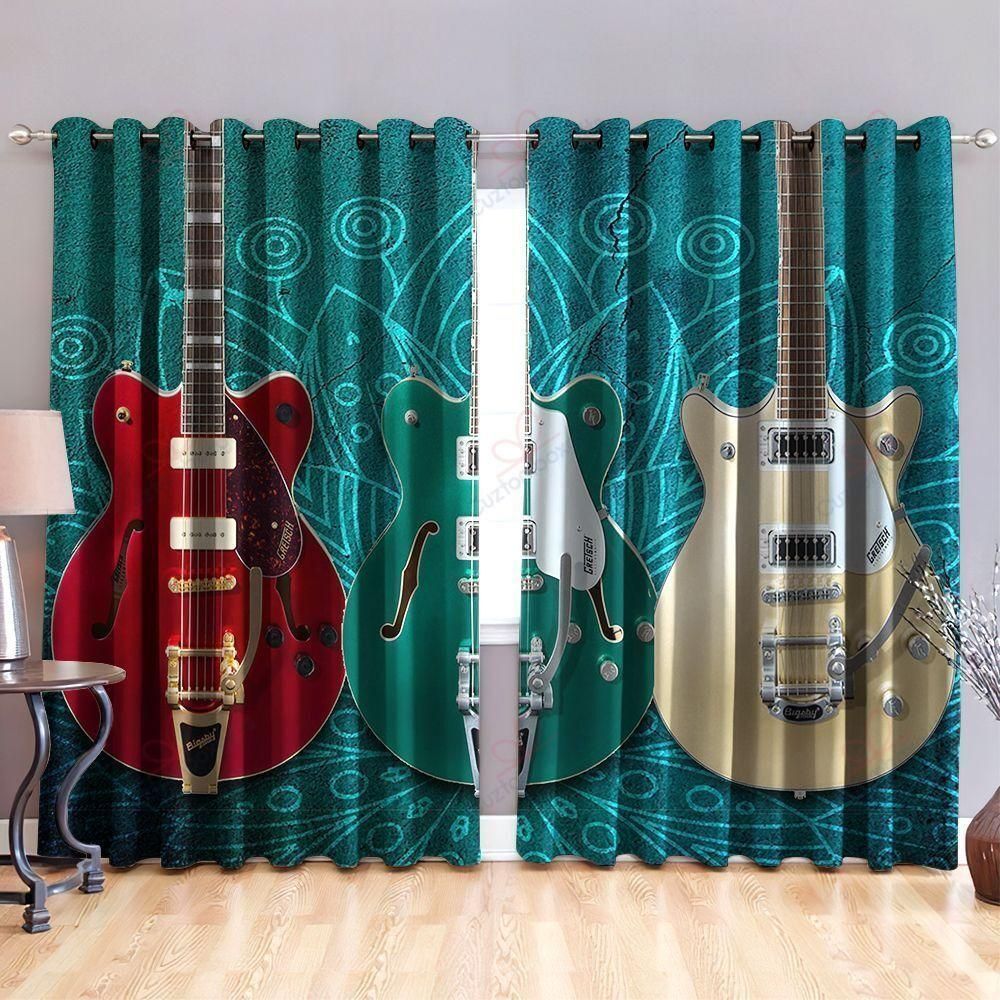 Guitar With Green Theme Printed Window Curtains Home Decor