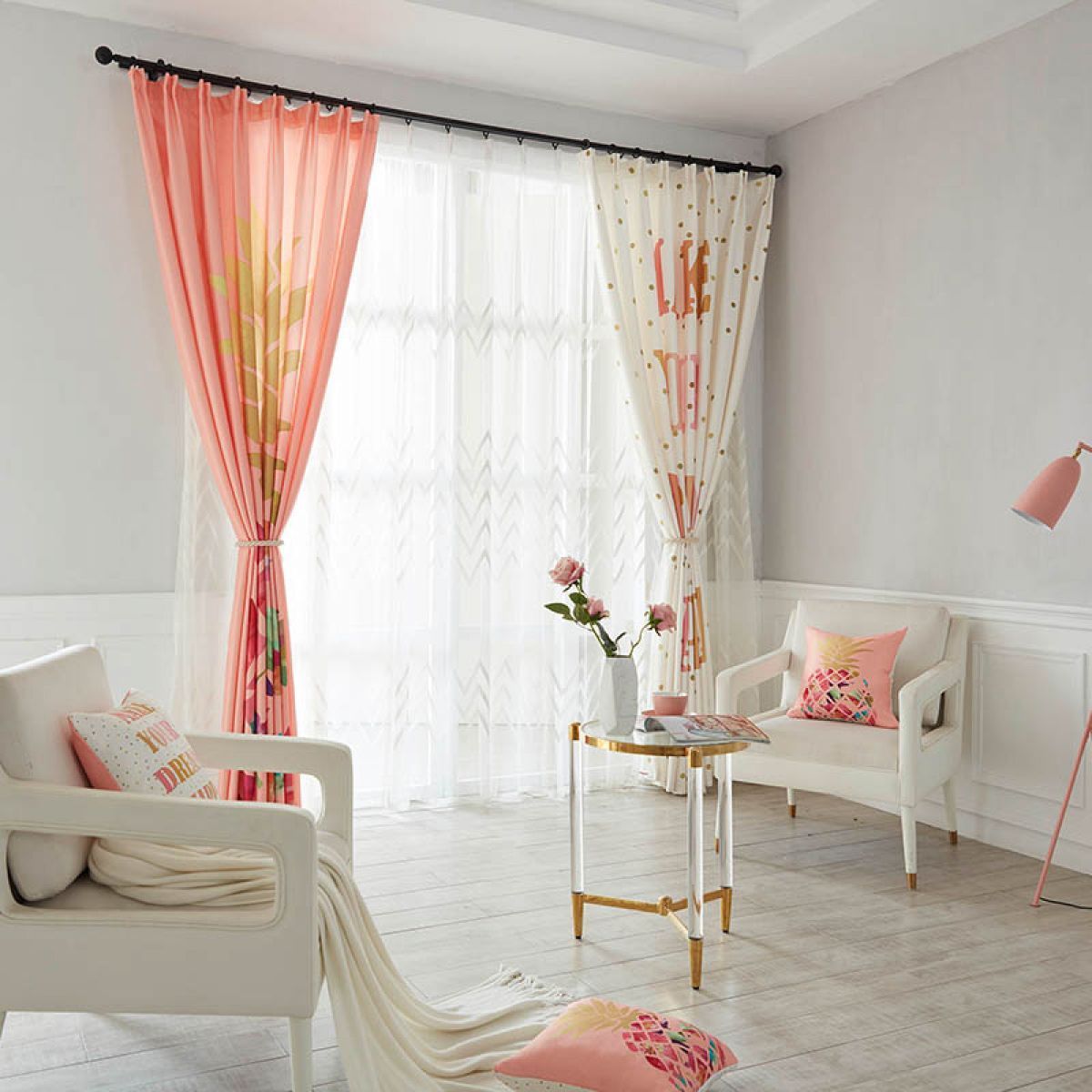 Happy Life Pink And White Printed Window Curtain Home Decor