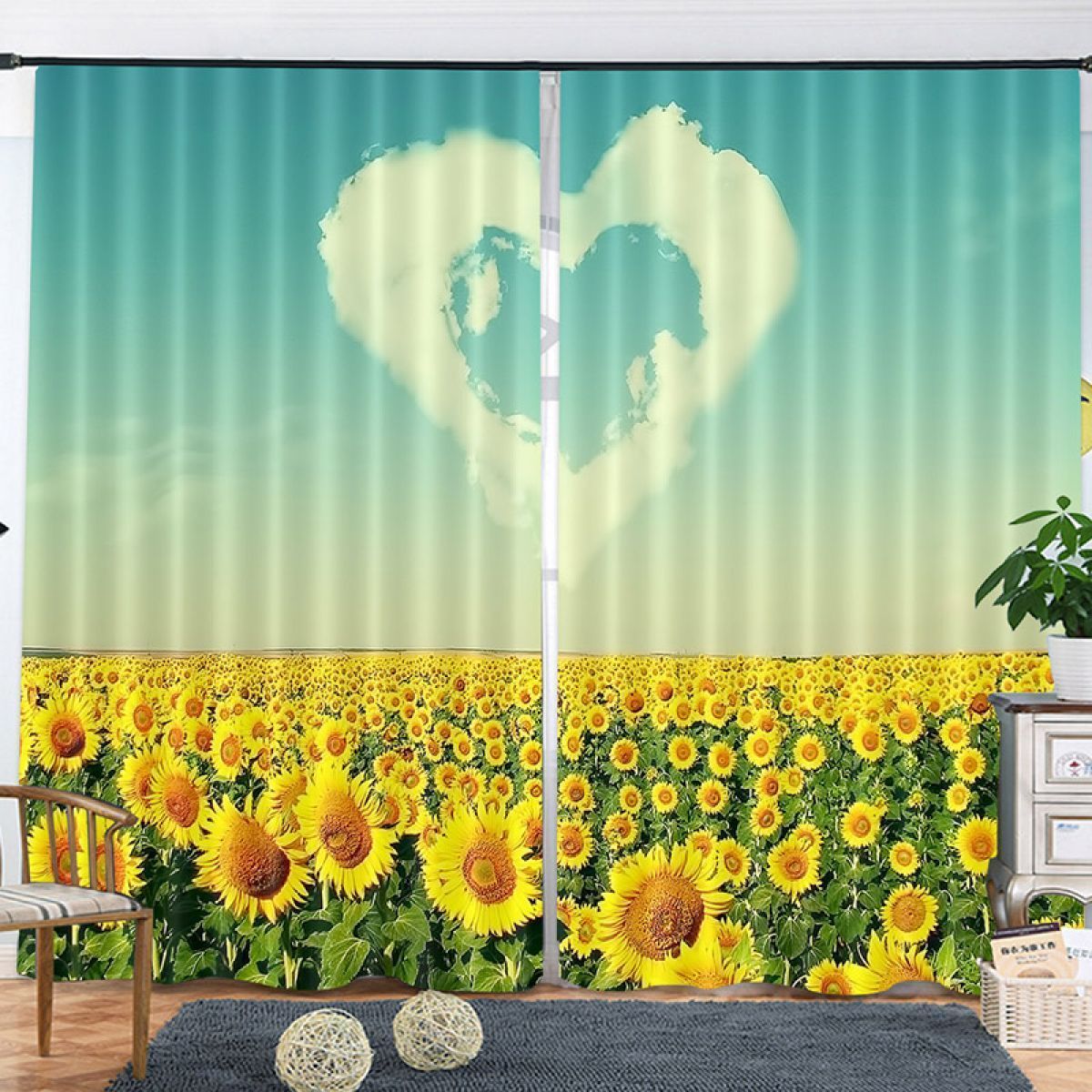 Heart Shaped Cloud Sunflower Sea Printed Window Curtain Home Decor