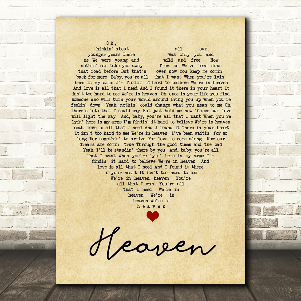 Heaven Bryan Adams Vintage Heart Quote Song Lyric Print