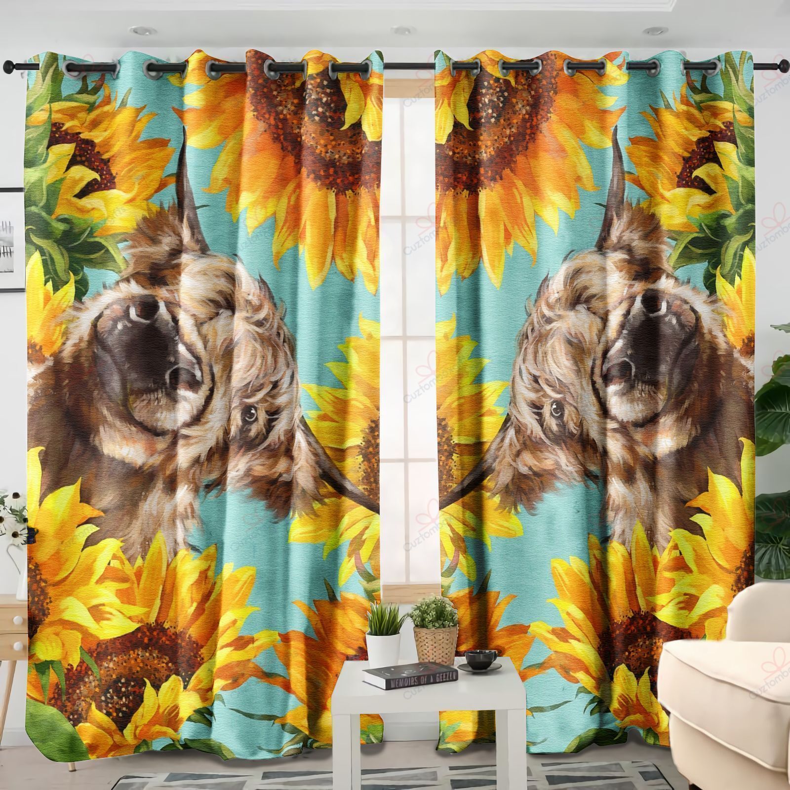 Highland Cow Sunflower Printed Window Curtain Home Decor