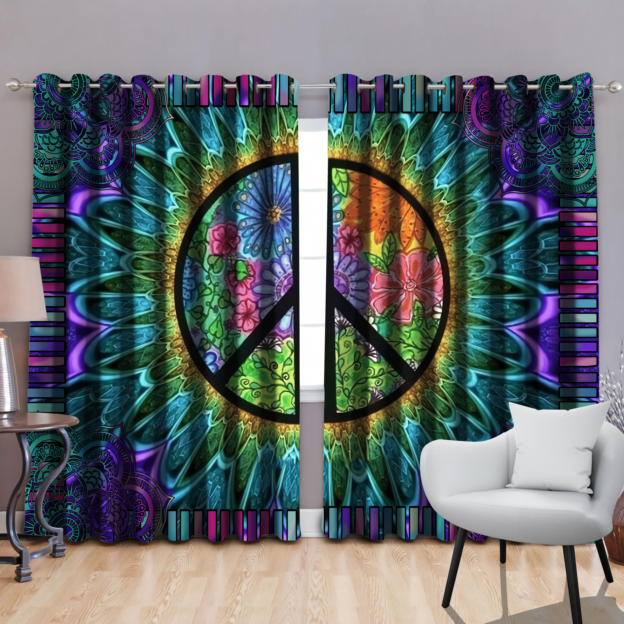 Hippie Flower Colorful Symbol Window Curtains Home Decor