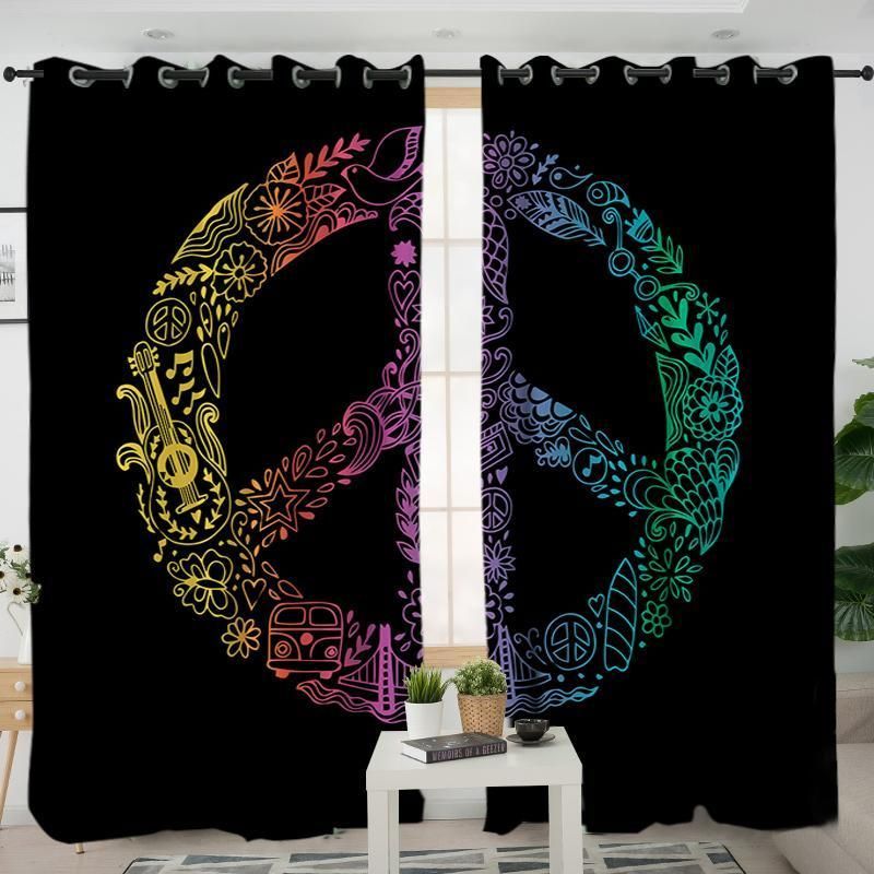 Hippie Peace Black Window Curtain Home Decor