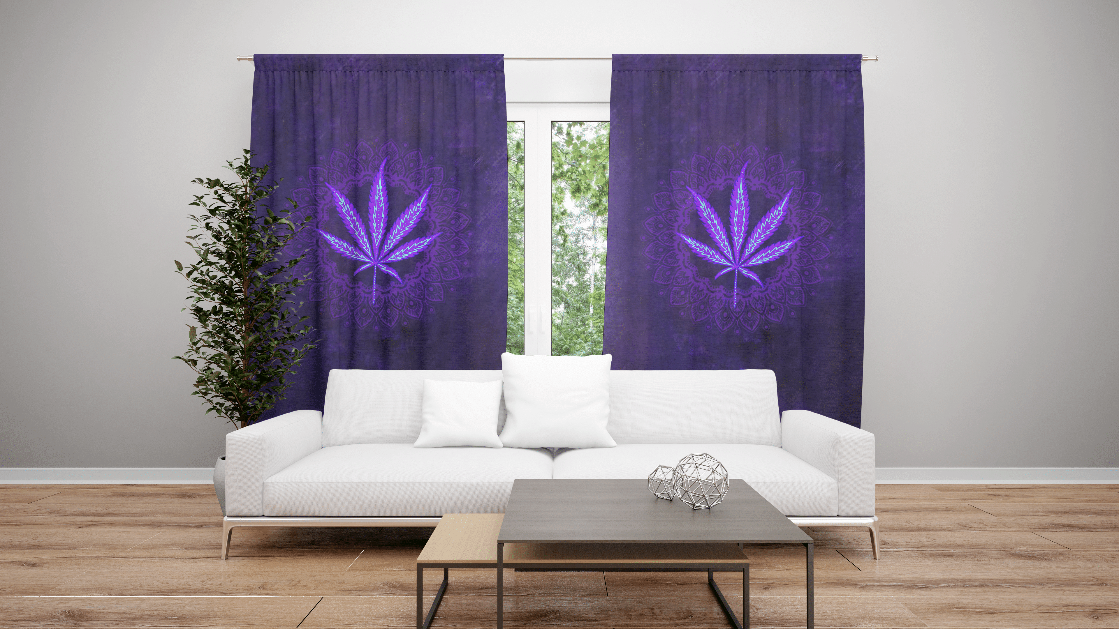 Hippie Purple Weed Pattern Printed Window Curtain