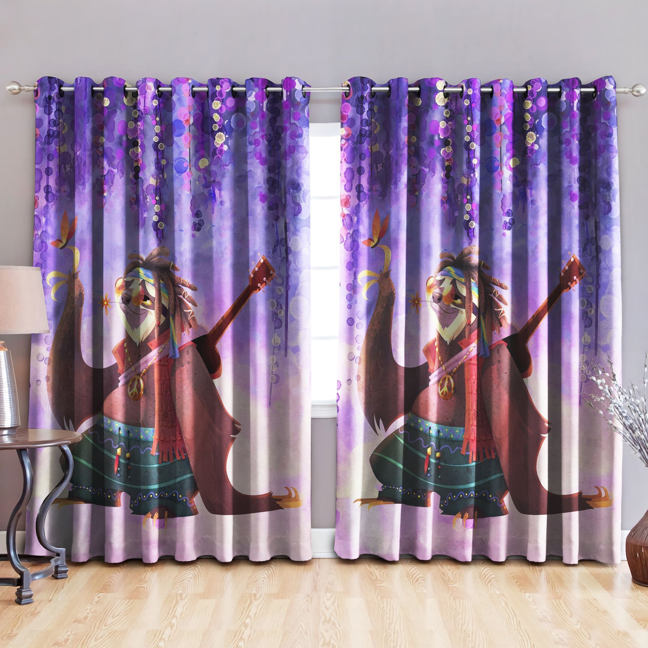 Hippie Sloth Purple Flower Printed Window Curtain Home Decor