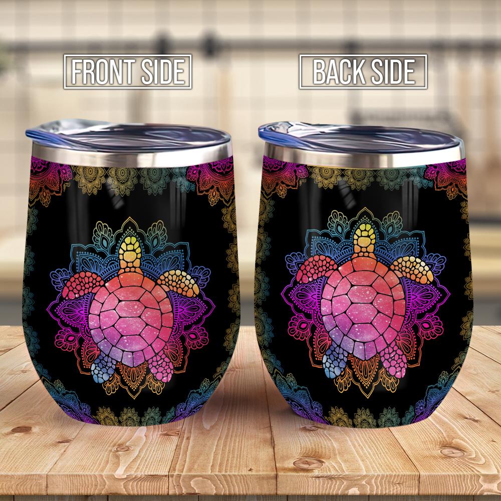 Hippie Turtle Mandala Hologram Mandala Wine Tumbler Hippie Mandala Gift Wine Tumbler