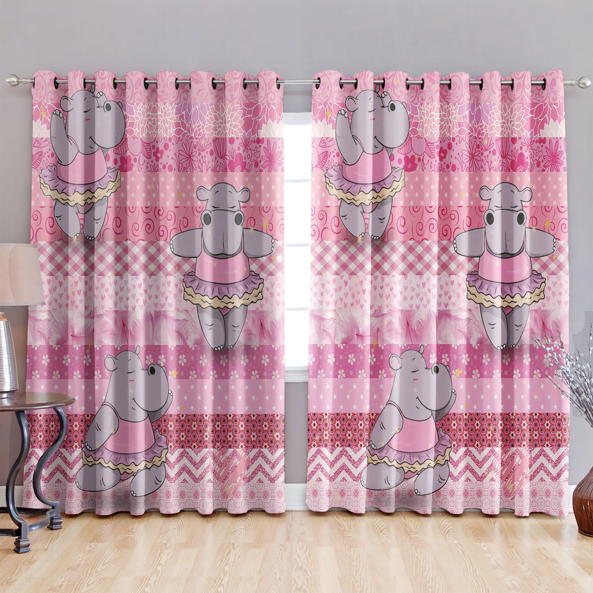 Hippo Pink And White Zigzag Printed Window Curtain Home Decor