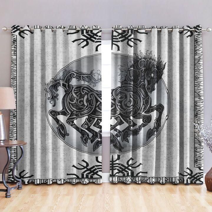 Horse Viking Gray Background Printed Window Curtain