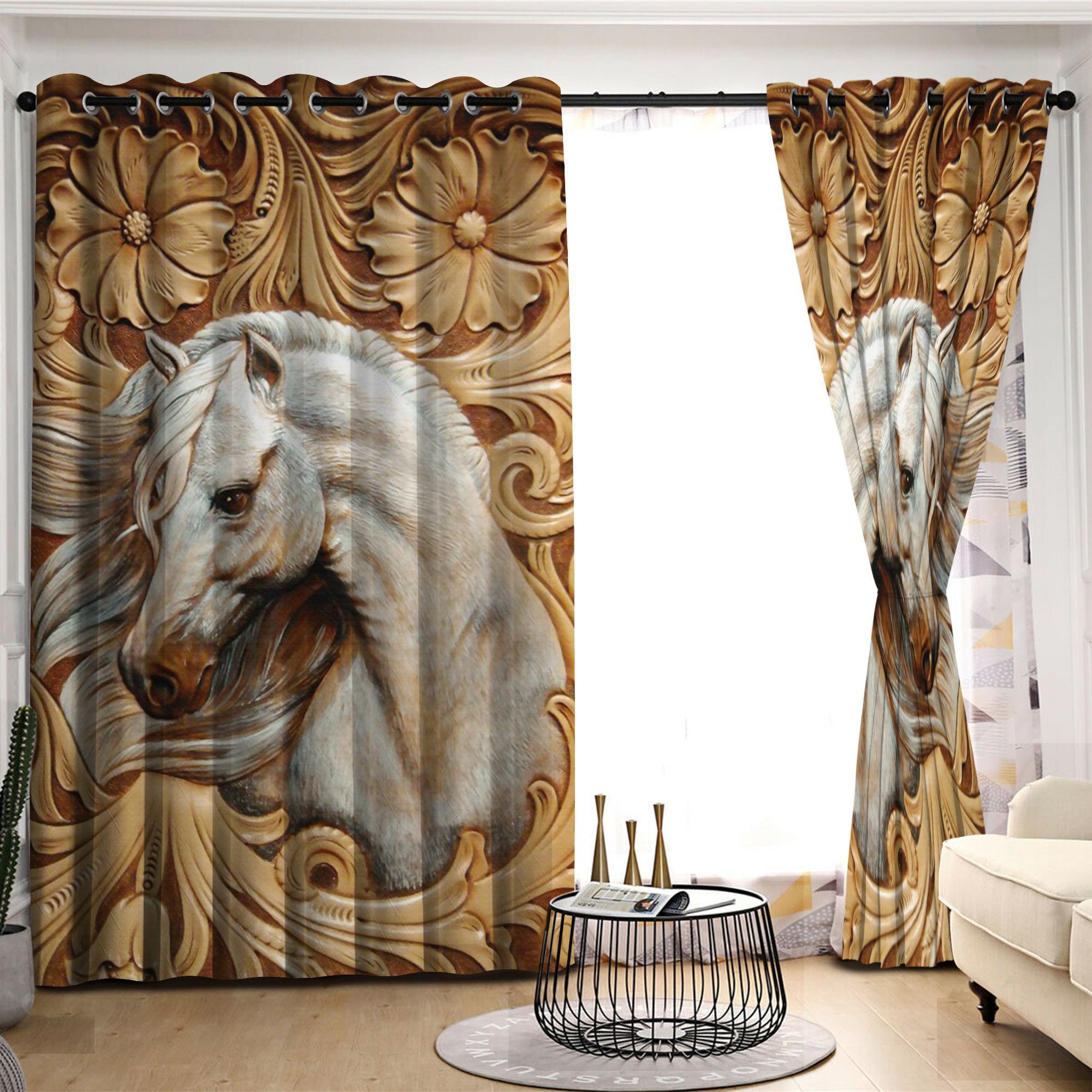 Horse Wood Art Printed Window Curtain Home Decor
