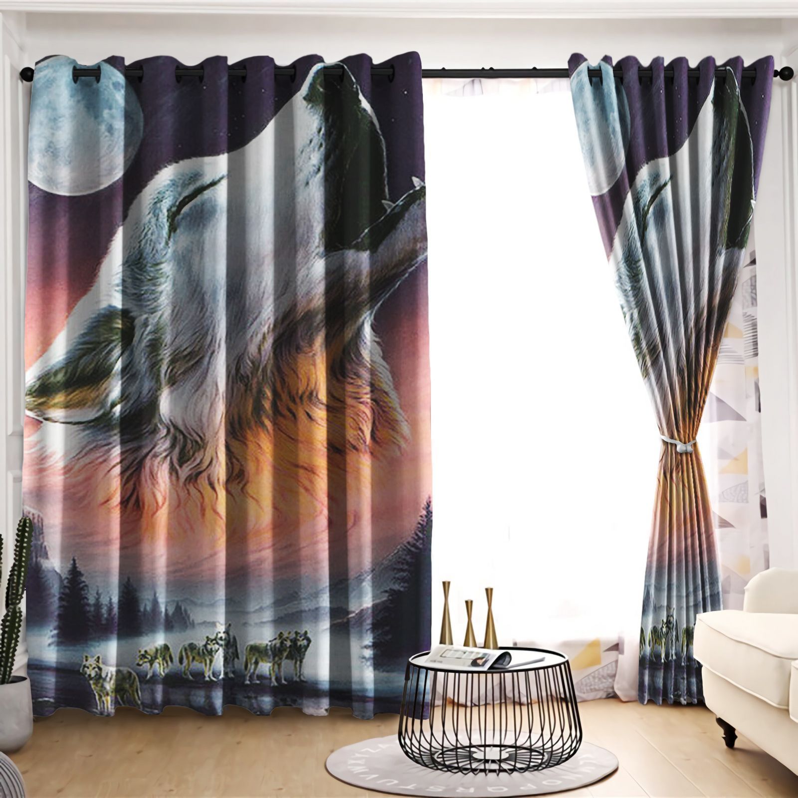 Howling Wolf Full Moon Printed Window Curtain Home Decor