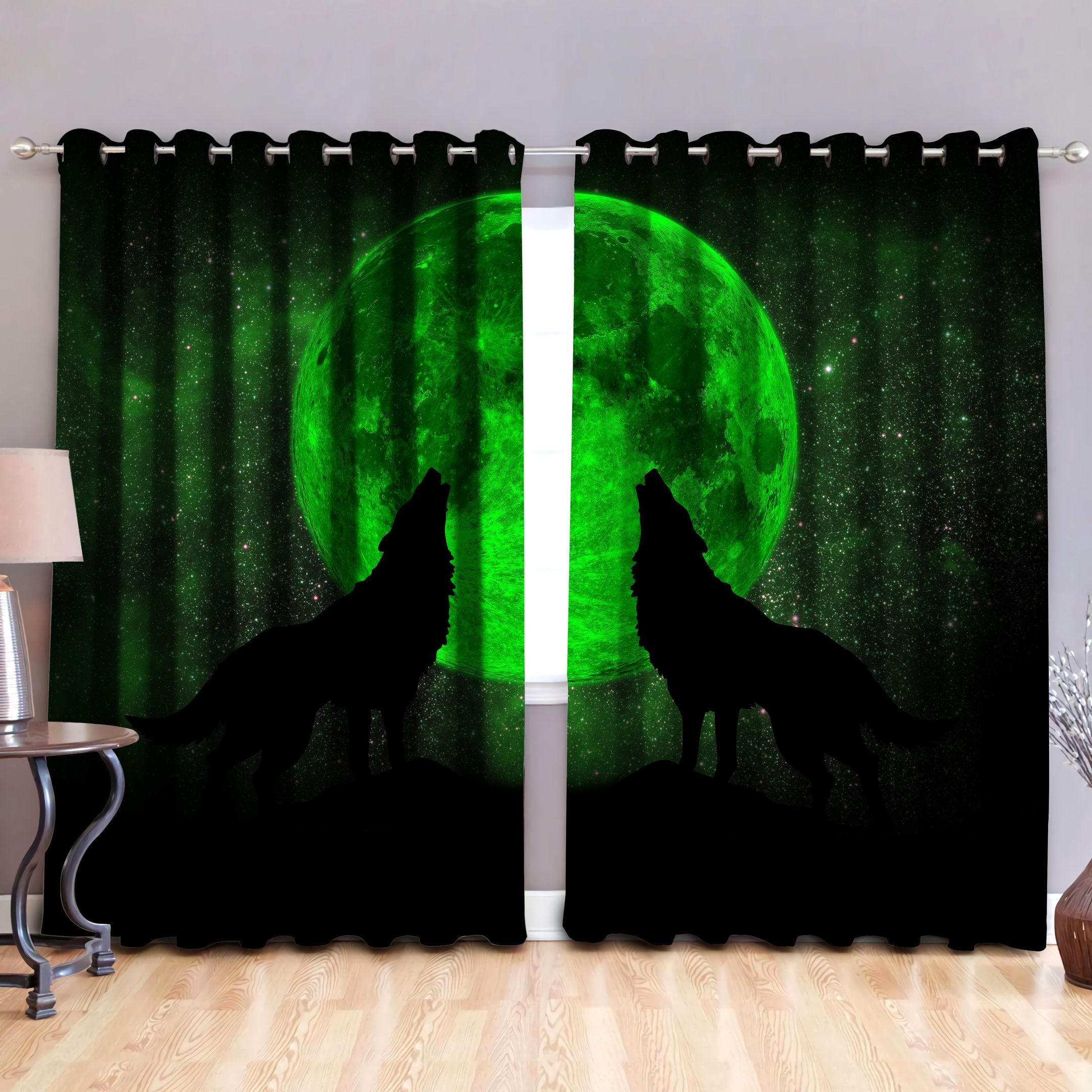 Howling Wolf Green Fullmoon Printed Window Curtain