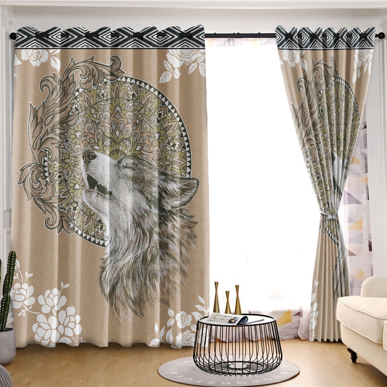 Howling Wolf Paisley Design Taupe Printed Window Curtain Home Decor