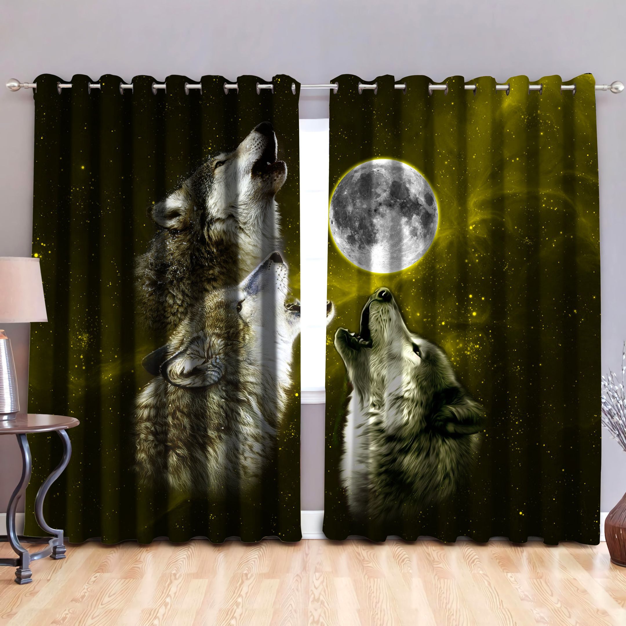 Howling Wolf Yellow Star Printed Window Curtain