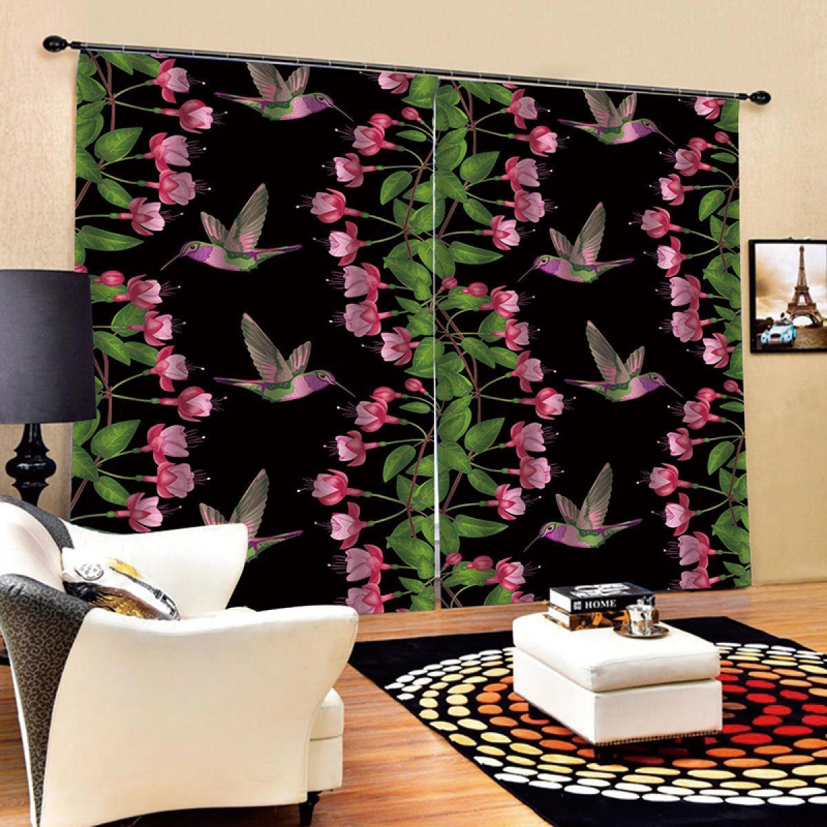 Hummingbird And Floral Printed Window Curtain Home Decor