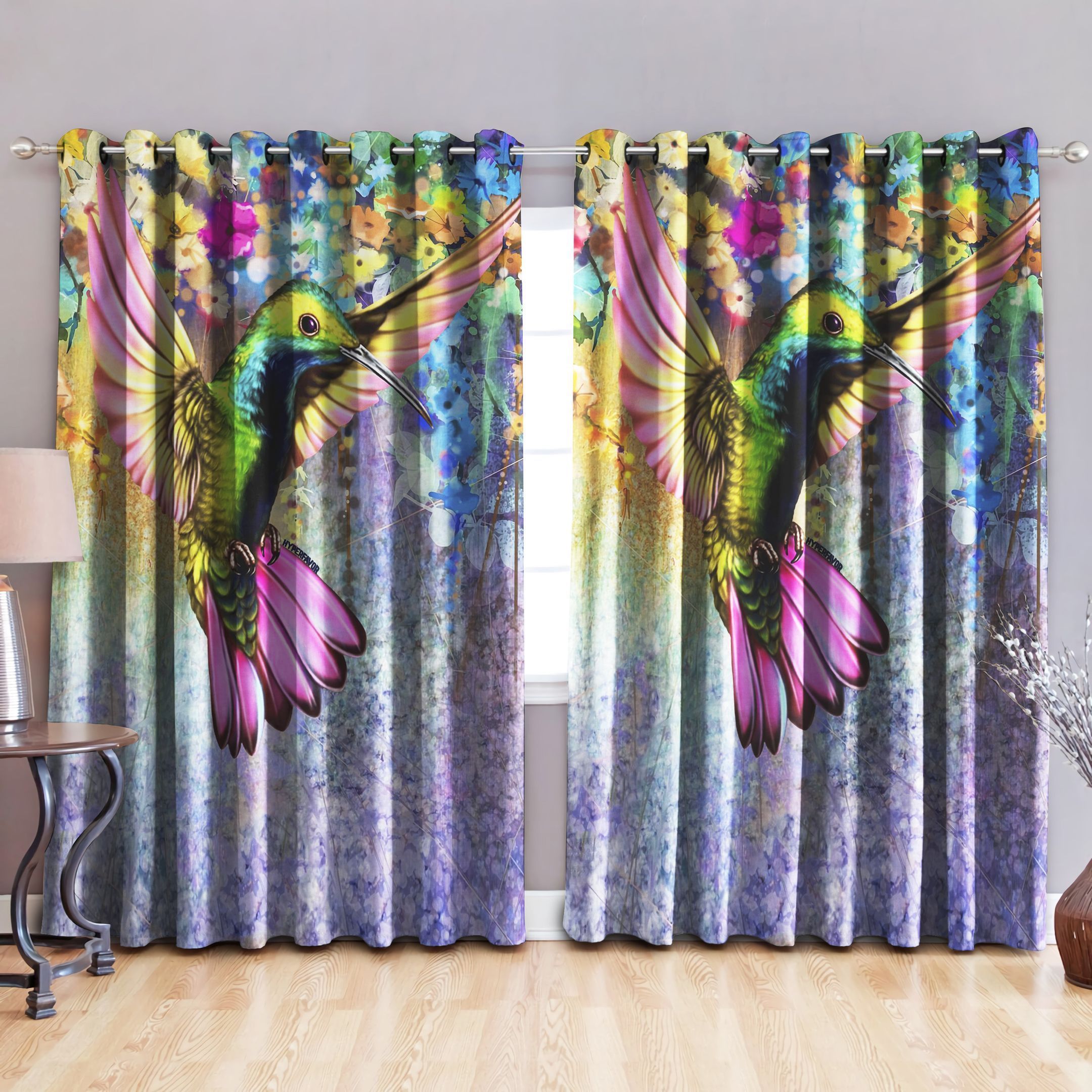 Hummingbird And Flower Printed Window Curtains Home Decor