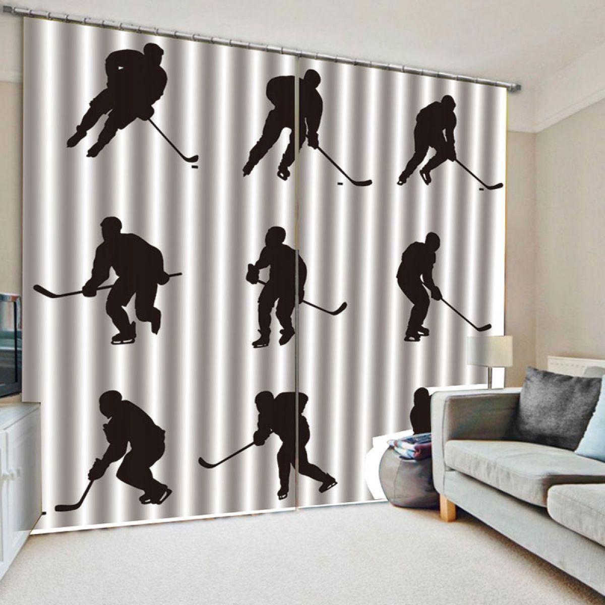Ice Hockey Grey Background Printed Window Curtain Home Decor