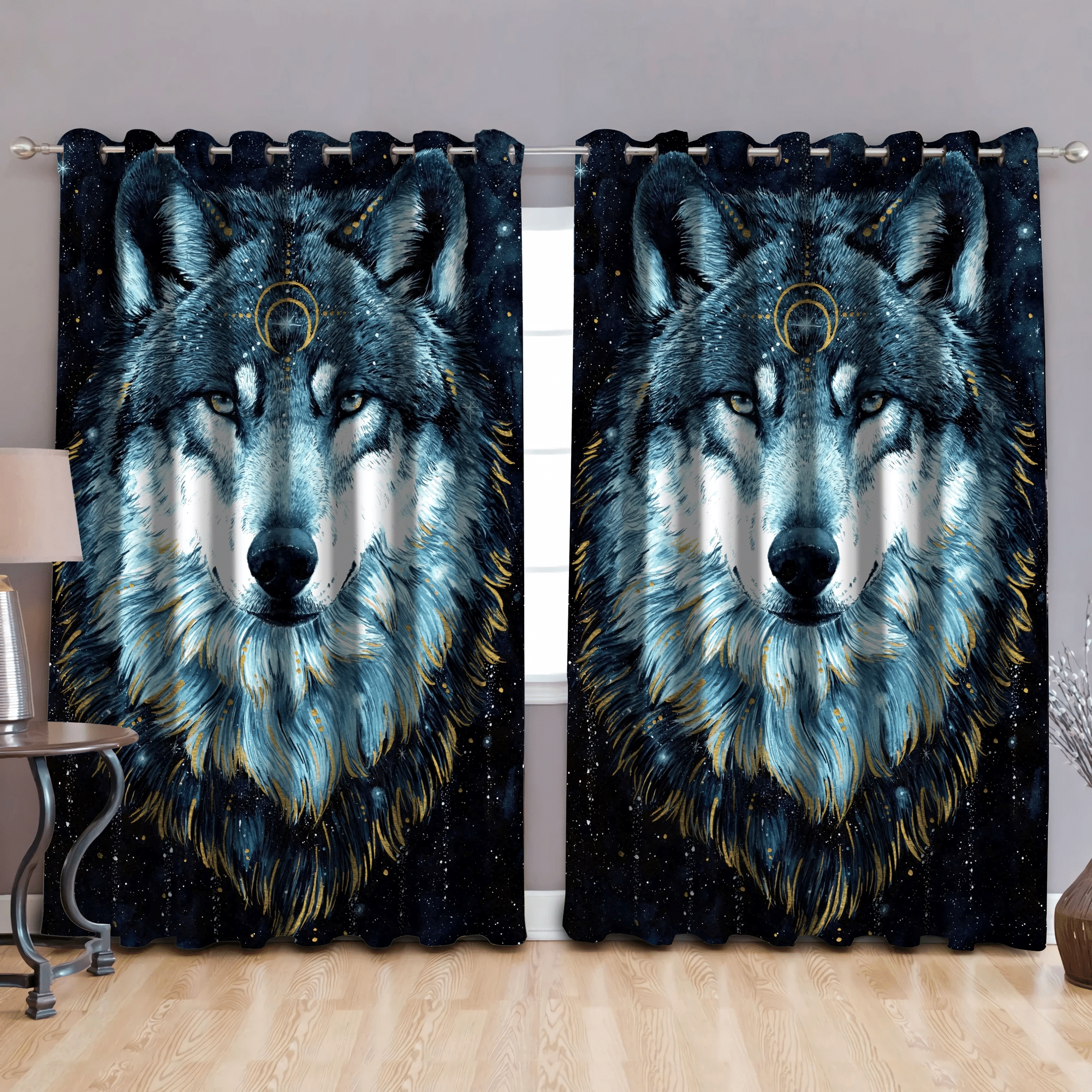 Indigenous Wolf Into Cosmos Printed Window Curtain