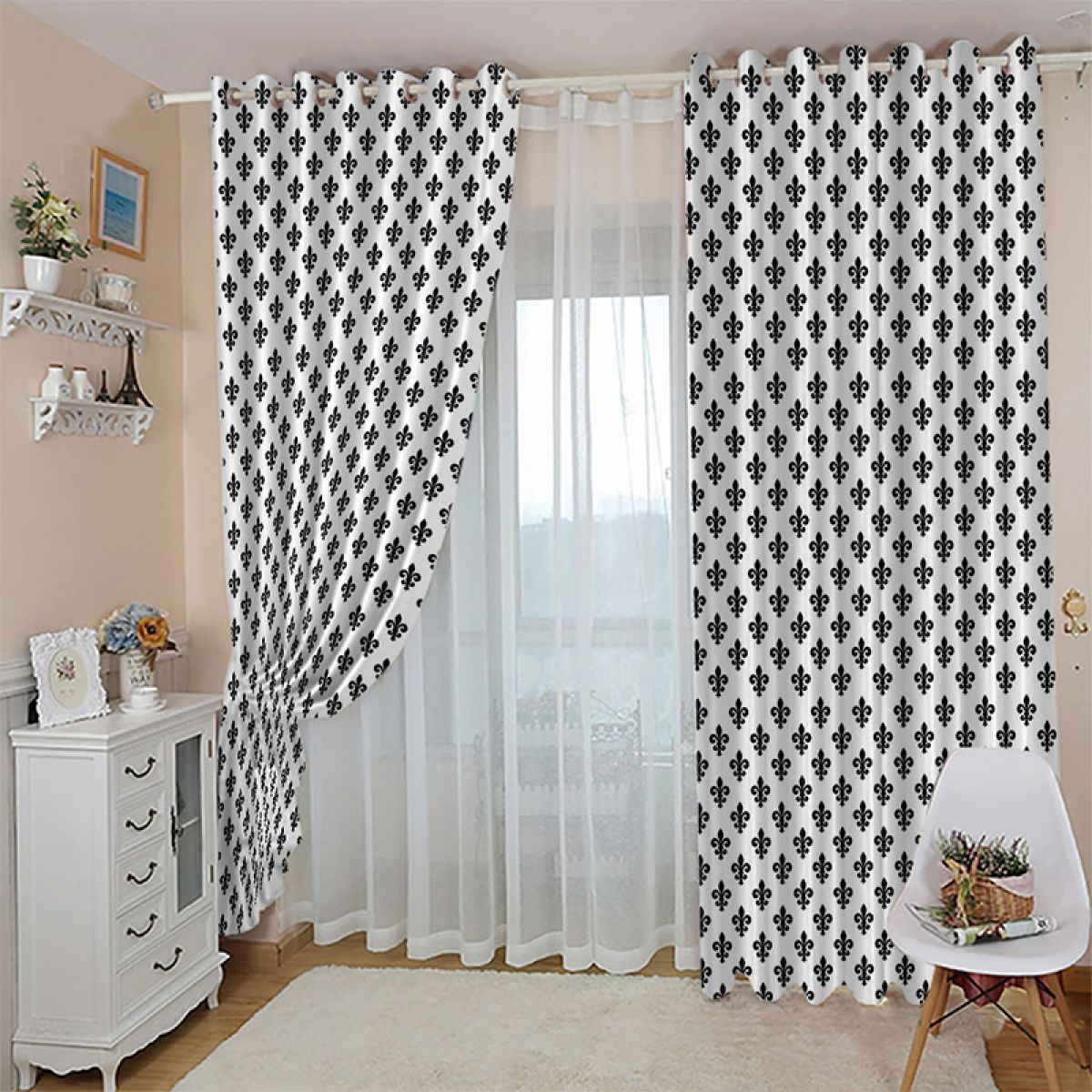 Iron Flower Patterns Black And White Printed Window Curtain Home Decor