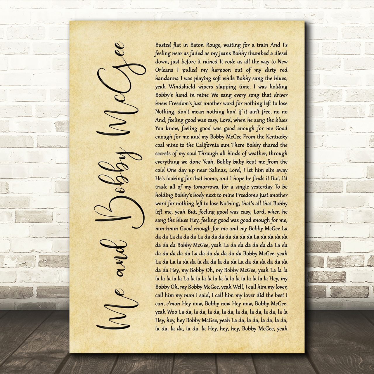 Janis Joplin Me and Bobby McGee Rustic Script Song Lyric Quote Music Poster Print