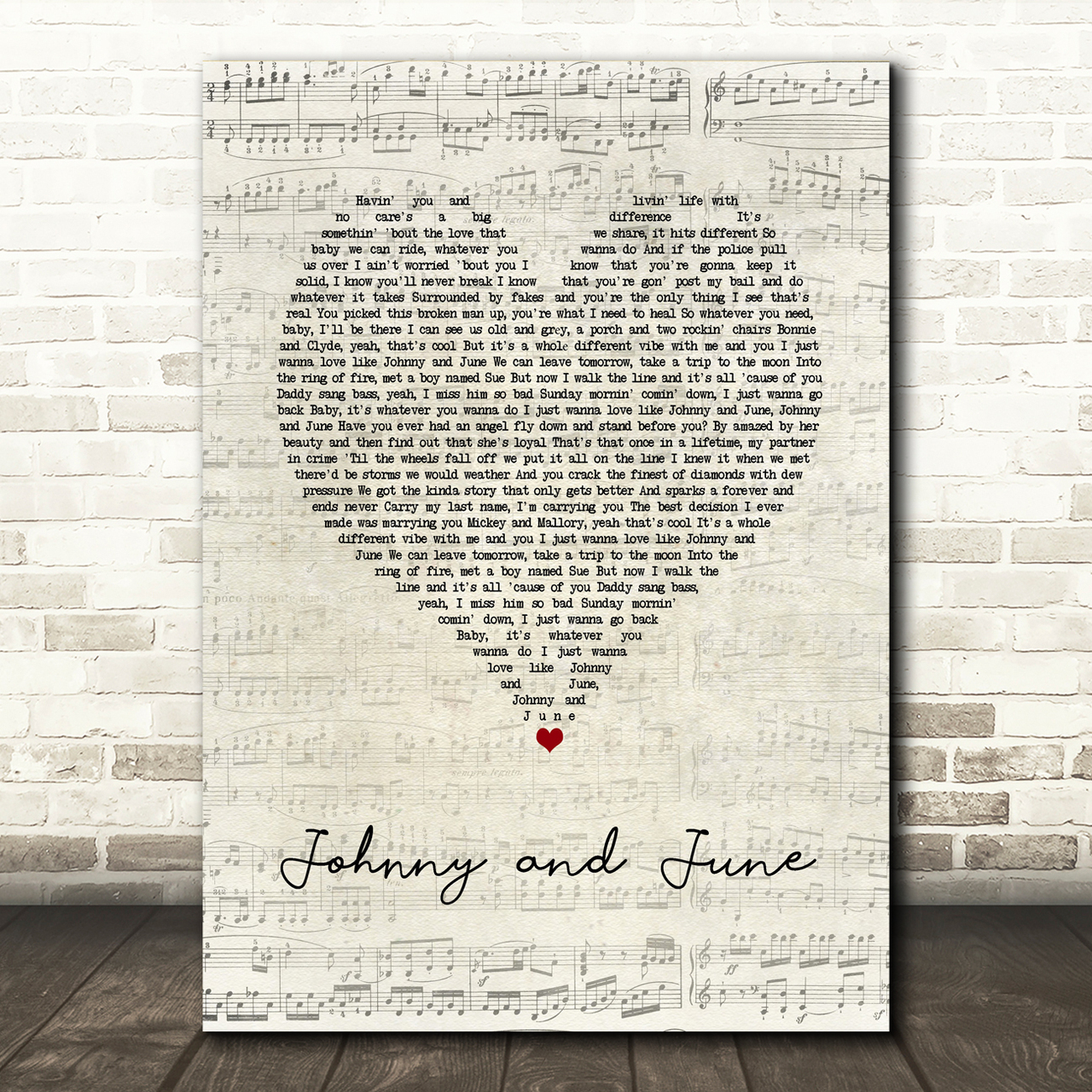 Jelly Roll Johnny and June Script Heart Song Lyric Art Print