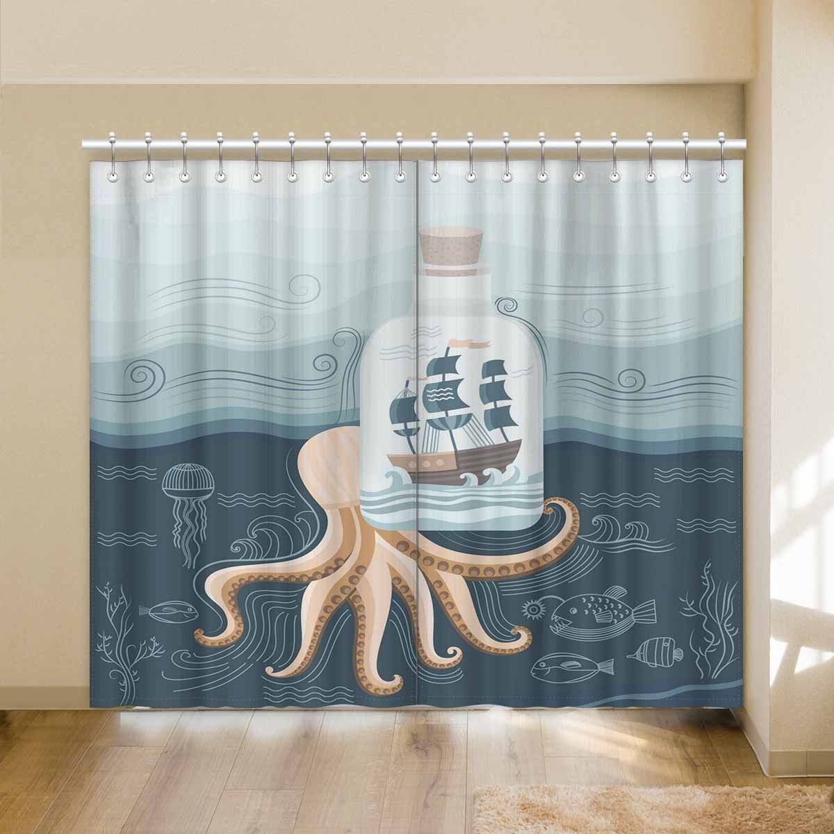 Jellyfish Octopus And Ship In Bottle Printed Window Curtain
