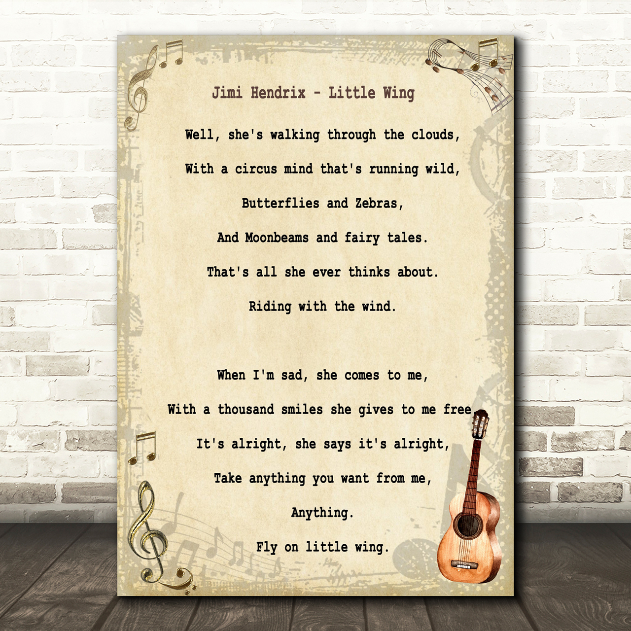 Jimi Hendrix Little Wing Song Lyric Vintage Quote Print