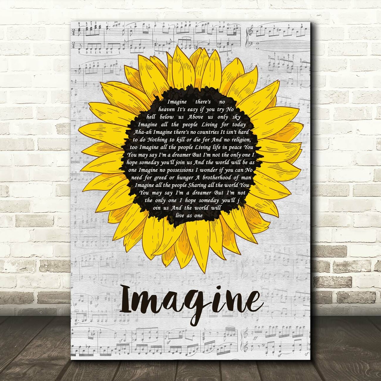 John Lennon Imagine Grey Script Sunflower Song Lyric Print