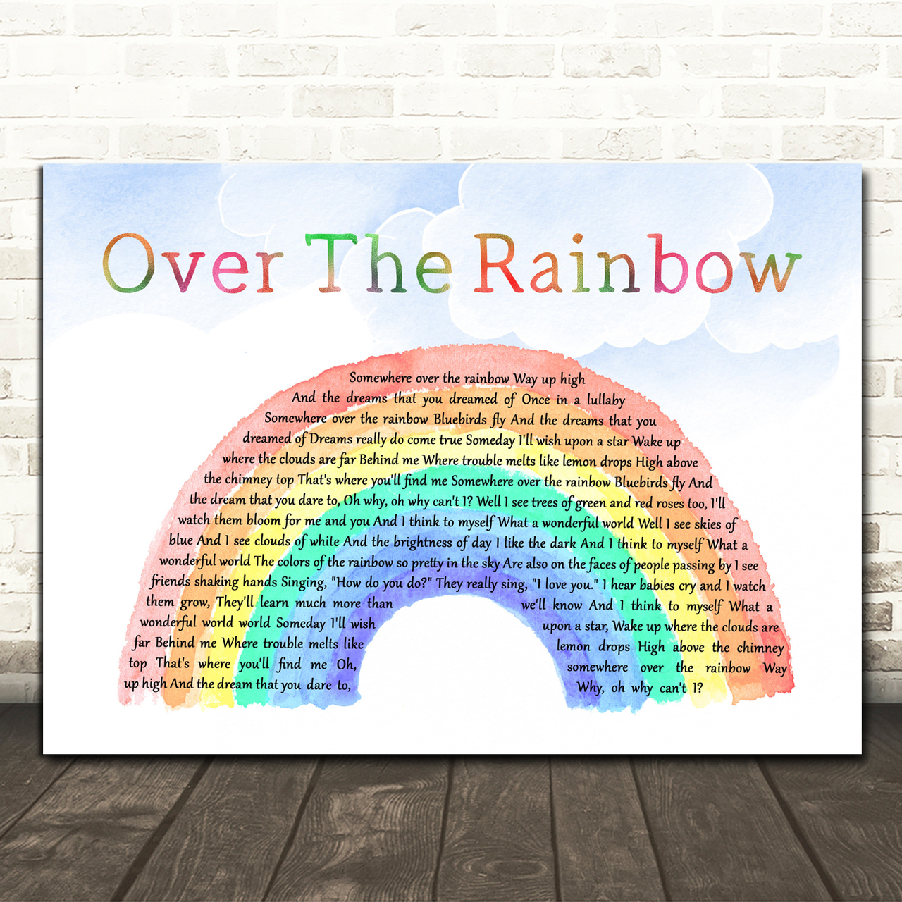 Judy Garland Somewhere Over The Rainbow Watercolour Rainbow & Clouds Song Lyric Quote Music Poster Print