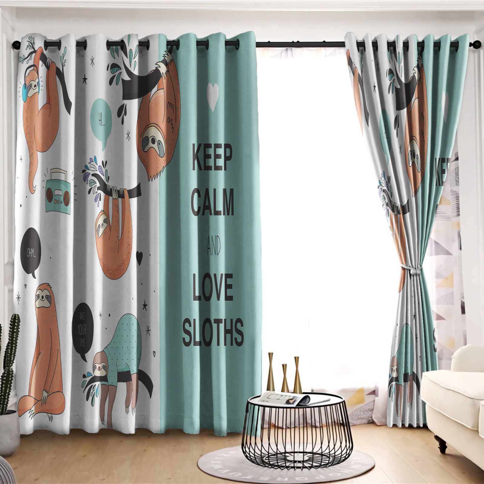 Keep Calm And Love Sloth Printed Window Curtains Home Decor