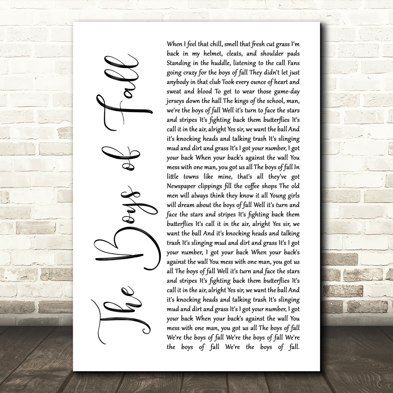 Kenny Chesney The Boys of Fall White Script Song Lyric Quote Music Poster Print