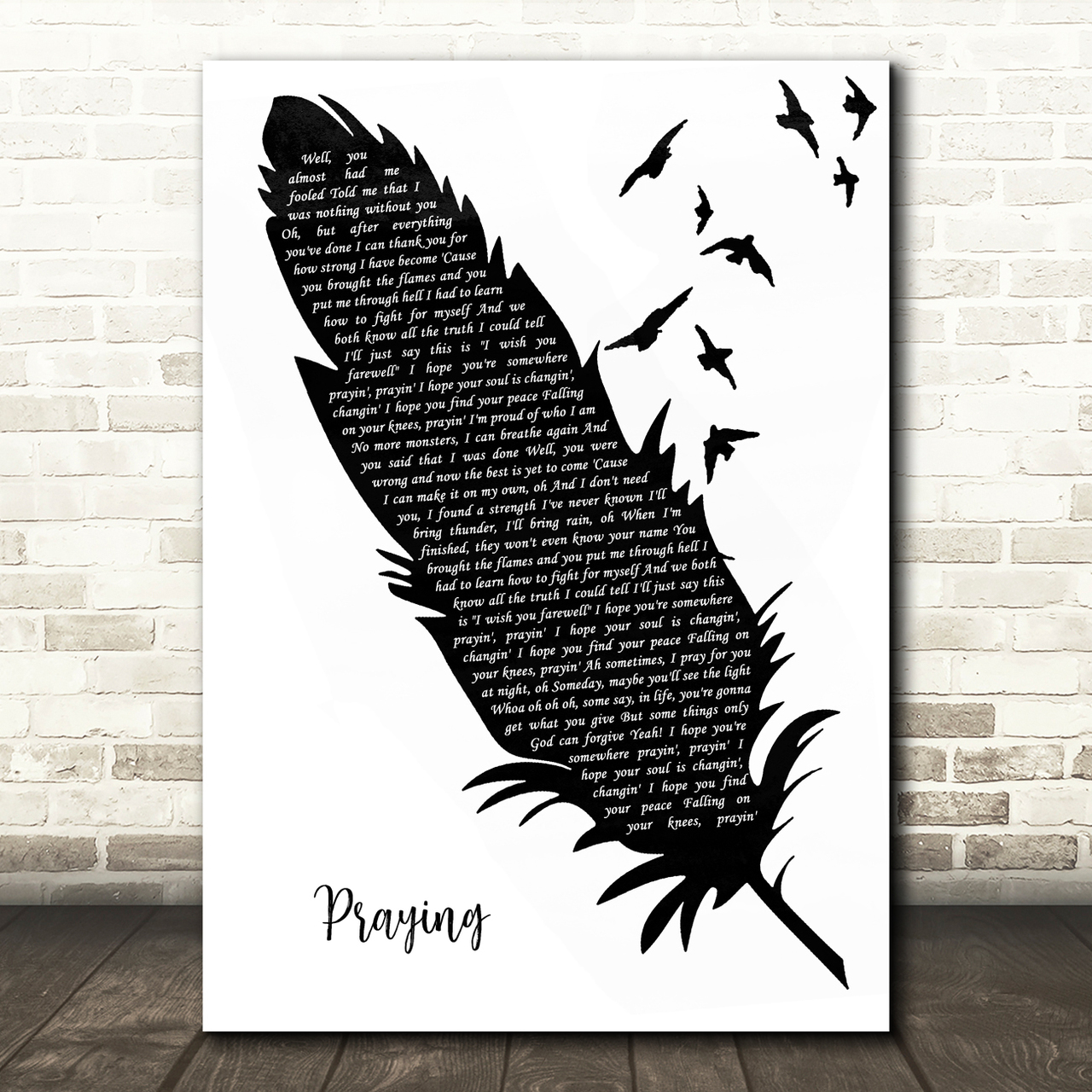 Kesha Praying Black & White Feather & Birds Song Lyric Wall Art Print