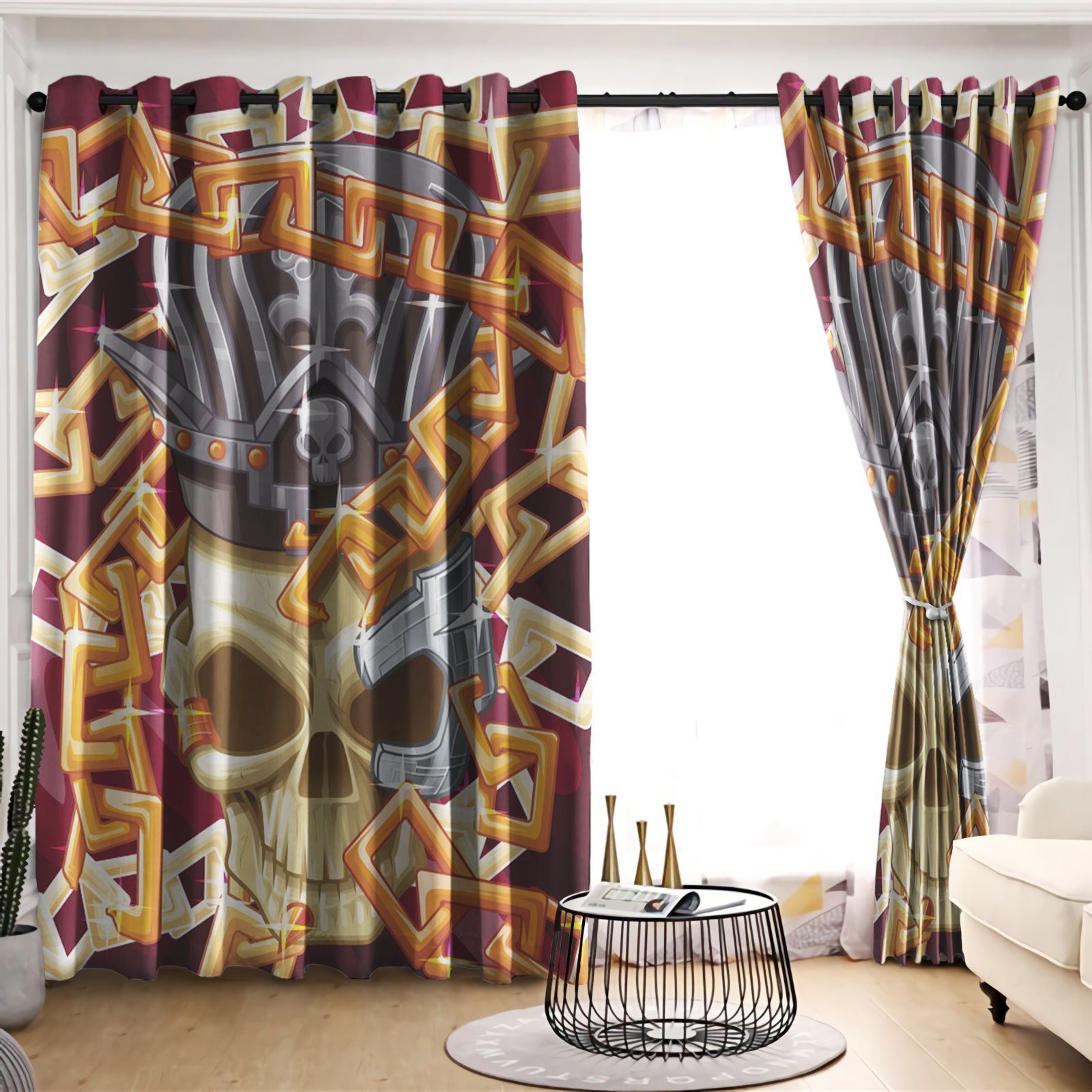 King Skull Golden Chain Pattern Printed Window Curtain Home Decor