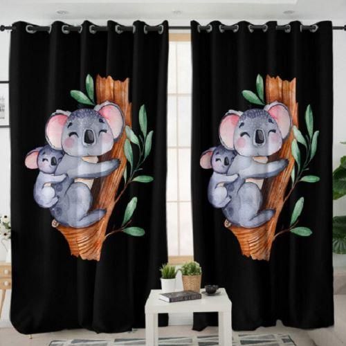 Koala Family Black Background Printed Window Curtain