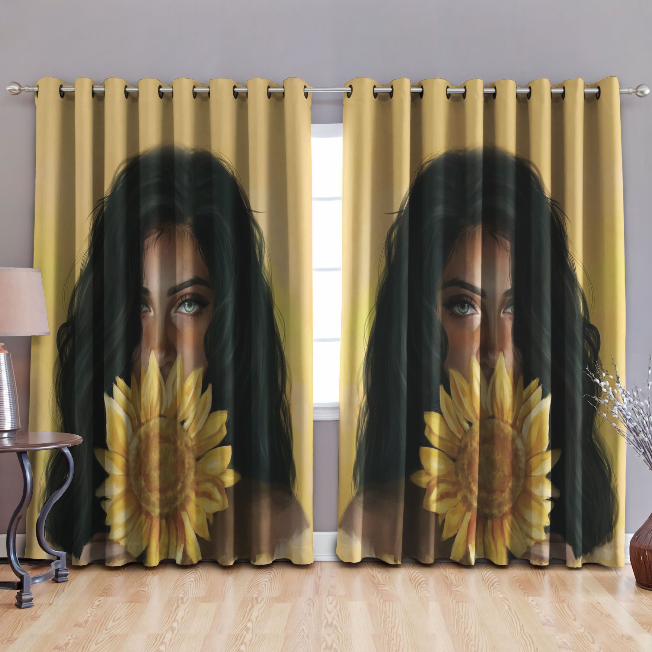 Lady With Black Skin With Giant Sunflower Printed Window Curtain Home Decor