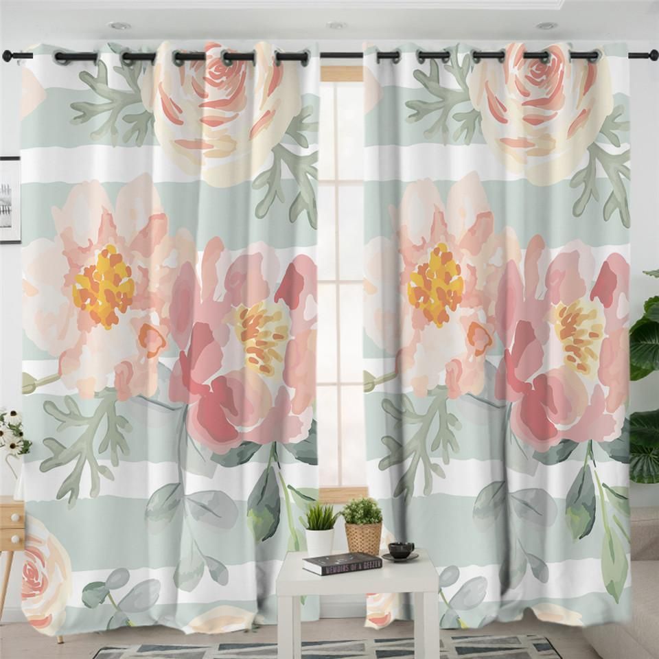 Light Watercolor Flower Printed Window Curtains Home Decor