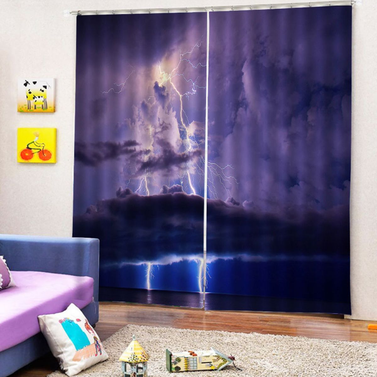 Lightning And Cloud Printed Window Curtain Home Decor