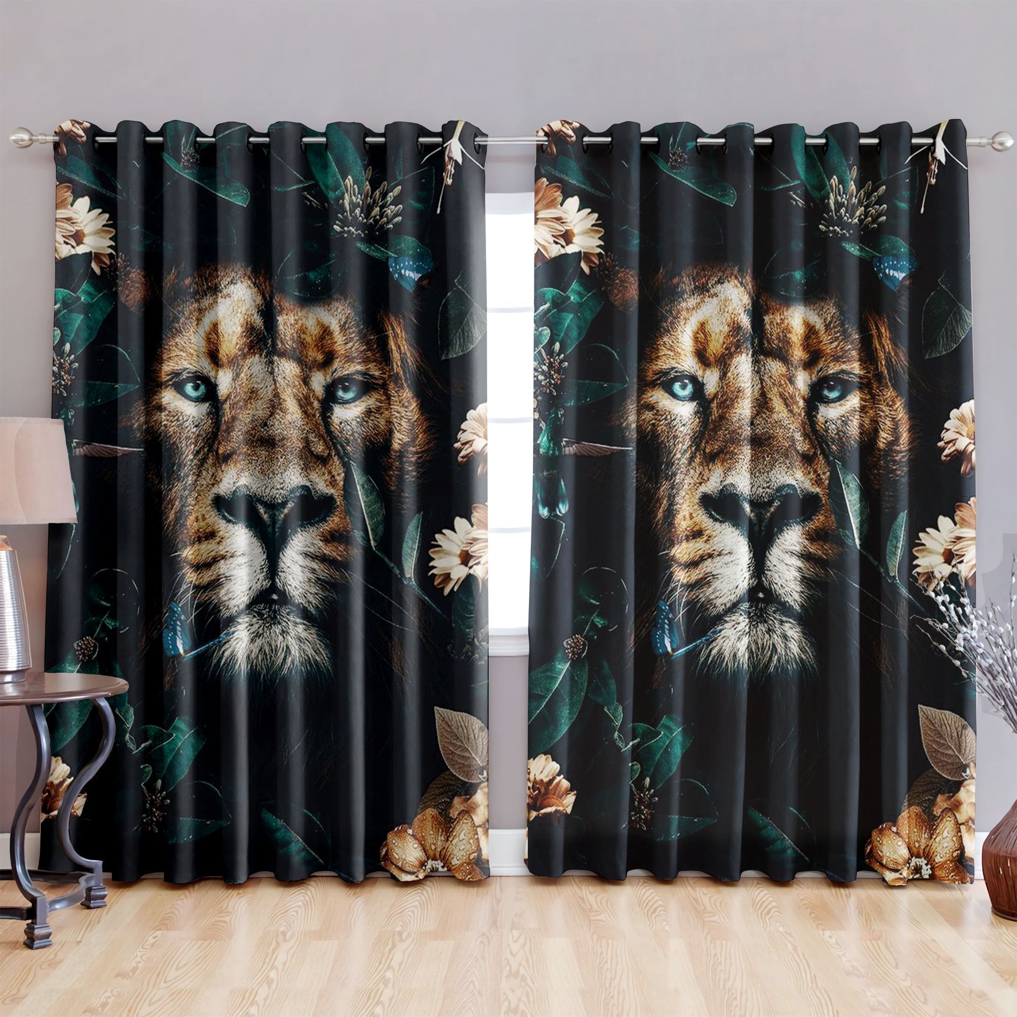 Lion Face In The Darkness Printed Window Curtain Home Decor