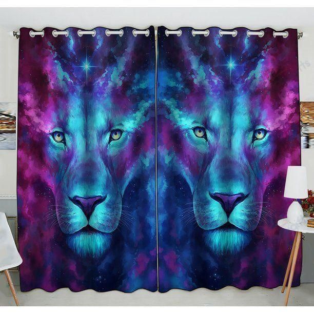 Lion Galaxy Blue And Purple Mix Window Curtain Home Decor