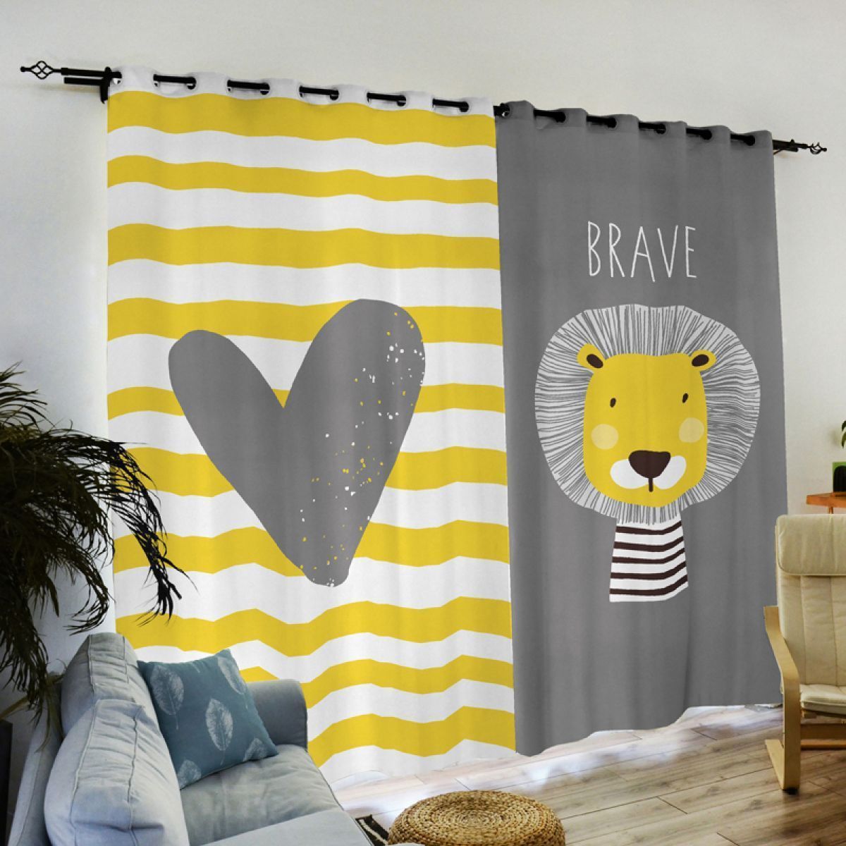 Lion Yellow And White Stripes Printed Window Curtain Home Decor