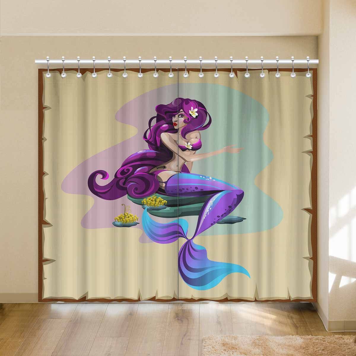 Lonely Purple Mermaid Undersea Printed Window Curtain