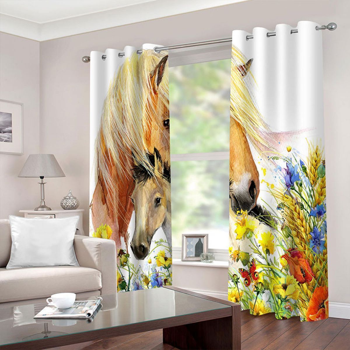 Love Horse In The Flower Printed Window Curtain Home Decor
