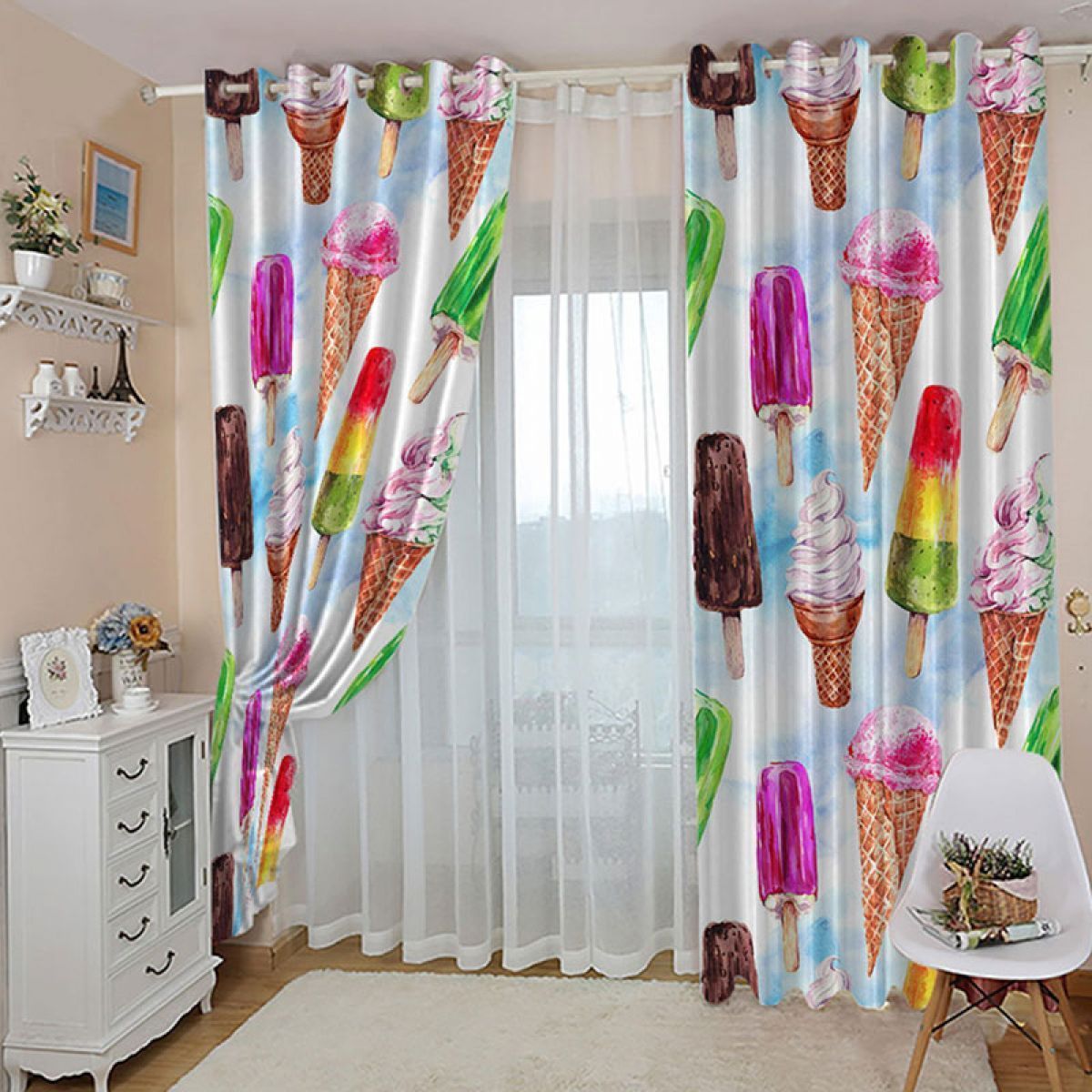Love Ice Cream Printed Window Curtain Home Decor